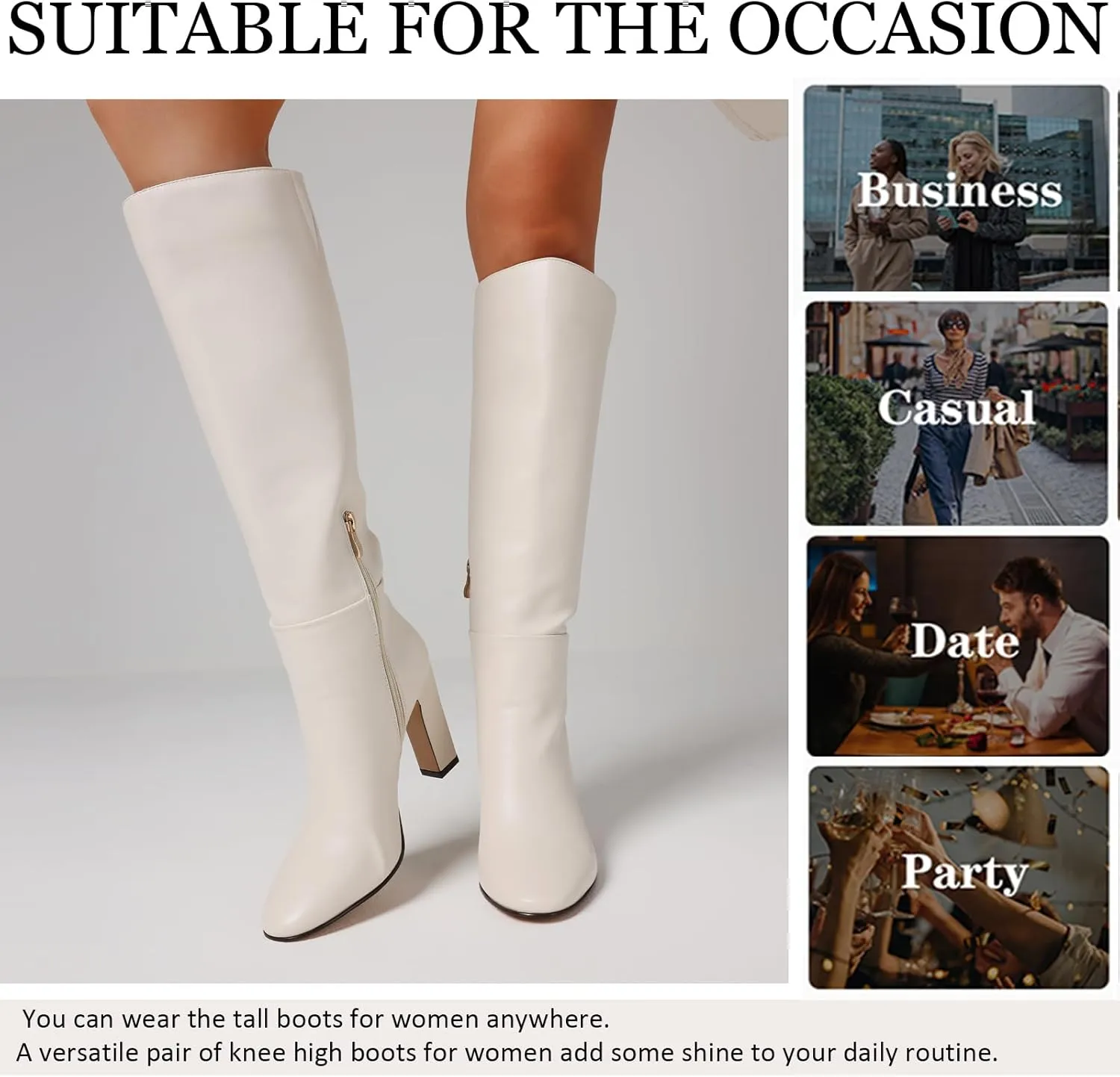 Womens Knee High Boots Round Toe Tall Boots Block High Heel Boots Side Zipper Long Boots Comfortable Fashion Dress Boot