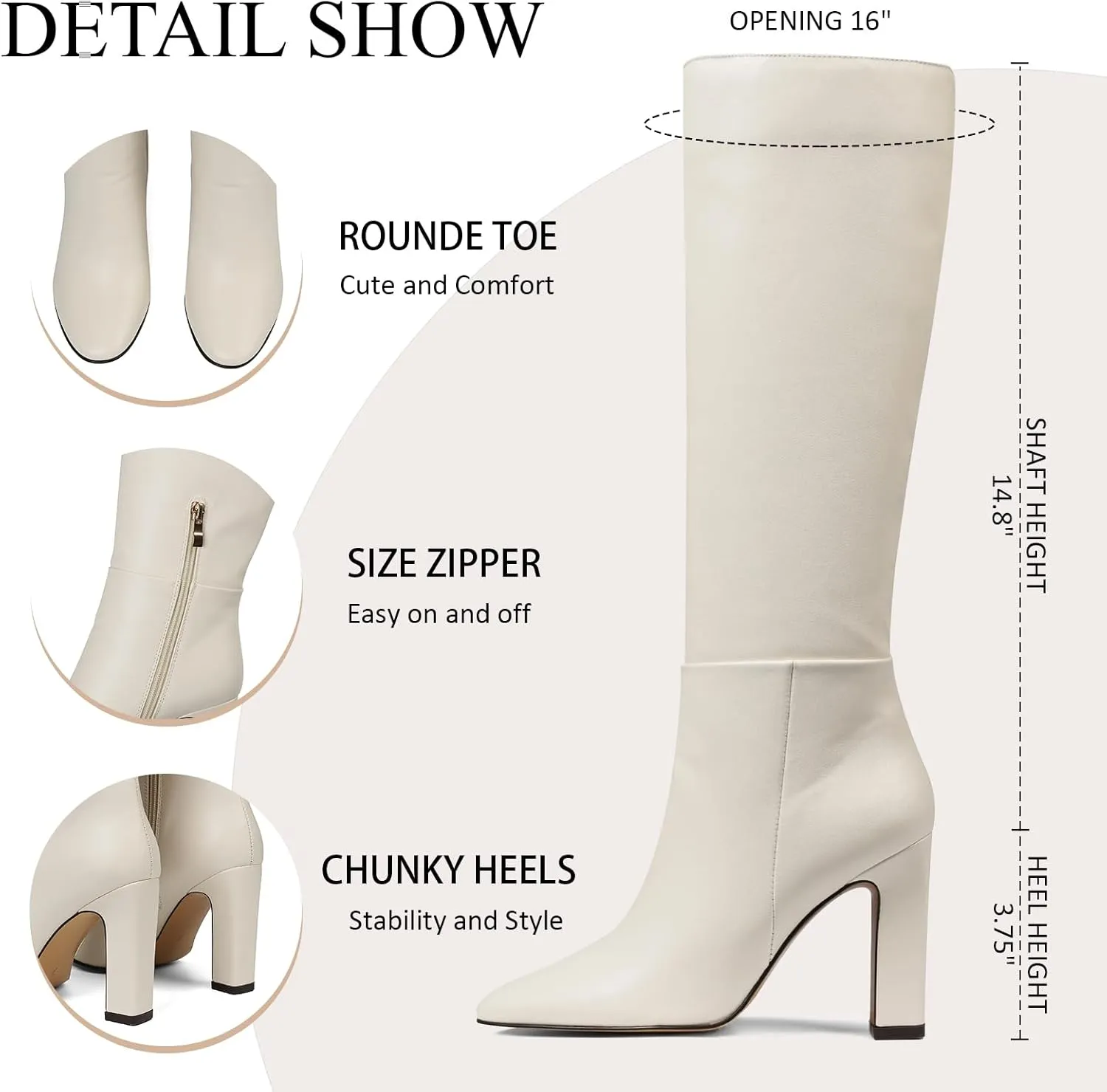 Womens Knee High Boots Round Toe Tall Boots Block High Heel Boots Side Zipper Long Boots Comfortable Fashion Dress Boot
