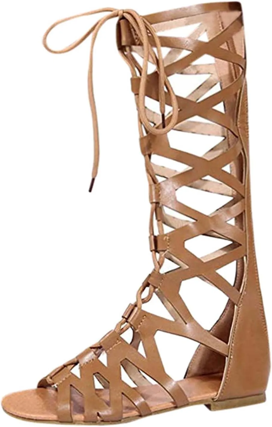 Womens Knee High Caged Gladiator Strappy Flat Sandals Fashion Cross Strap Lace up Back Zipper Open-Toe Flat Sandals Summer Outdoor Casual Shoes