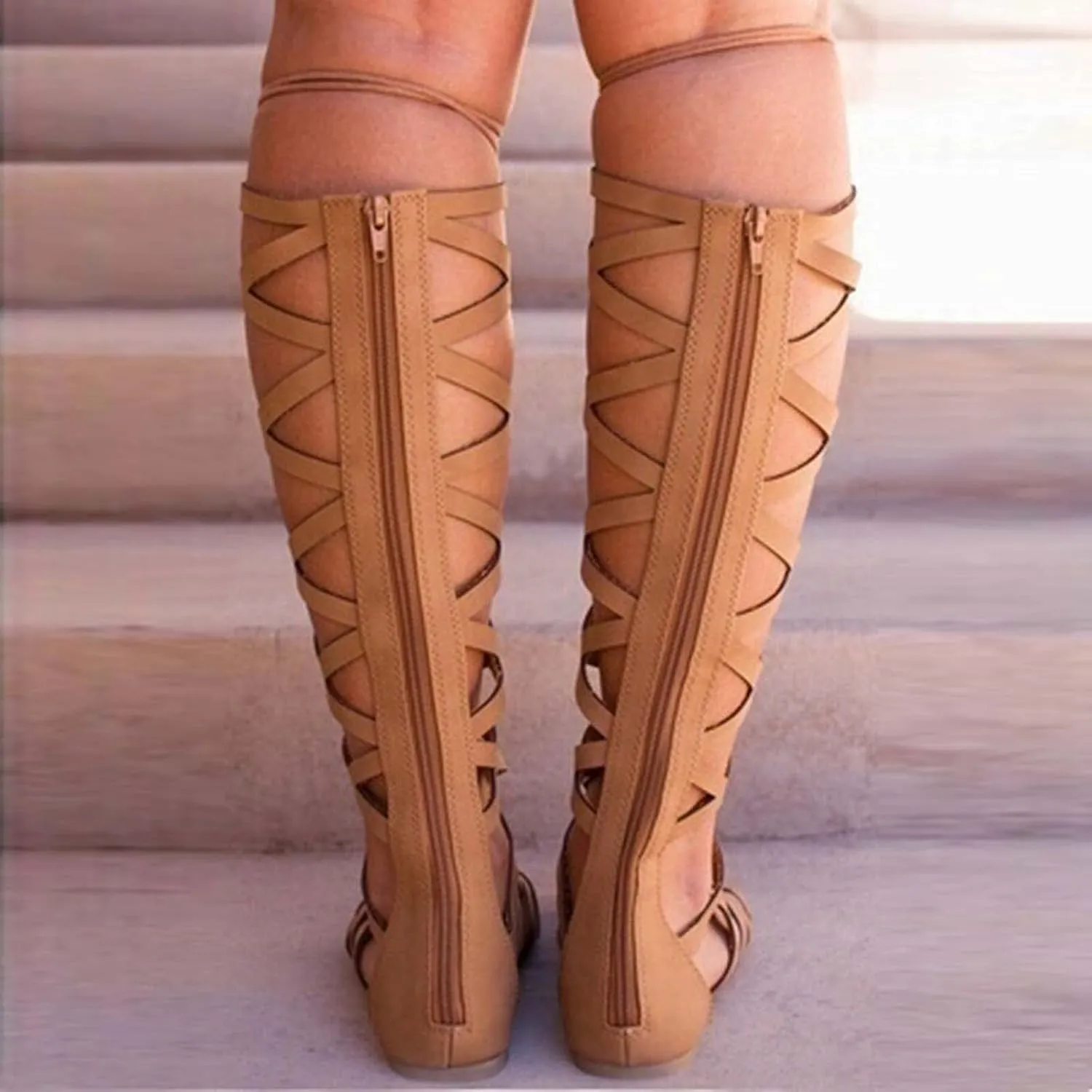 Womens Knee High Caged Gladiator Strappy Flat Sandals Fashion Cross Strap Lace up Back Zipper Open-Toe Flat Sandals Summer Outdoor Casual Shoes