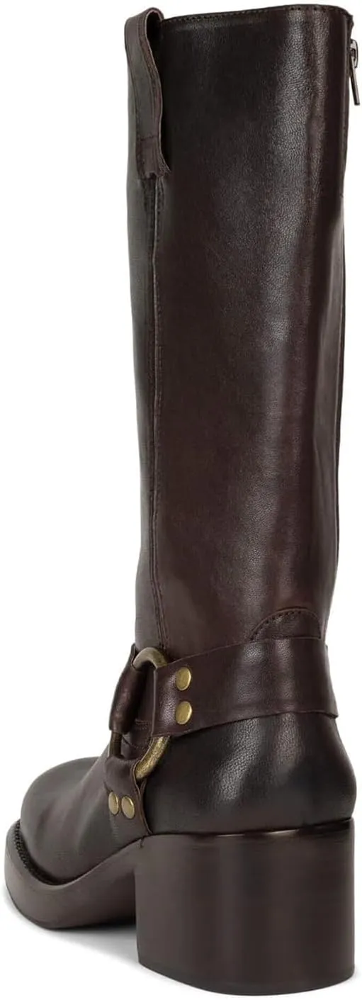 Women's Knee High Riding Boots Round Toe Block Heel Fashion Motorcycle Booties Side Zipper Wide Calf Biker Riding Boots with Studs