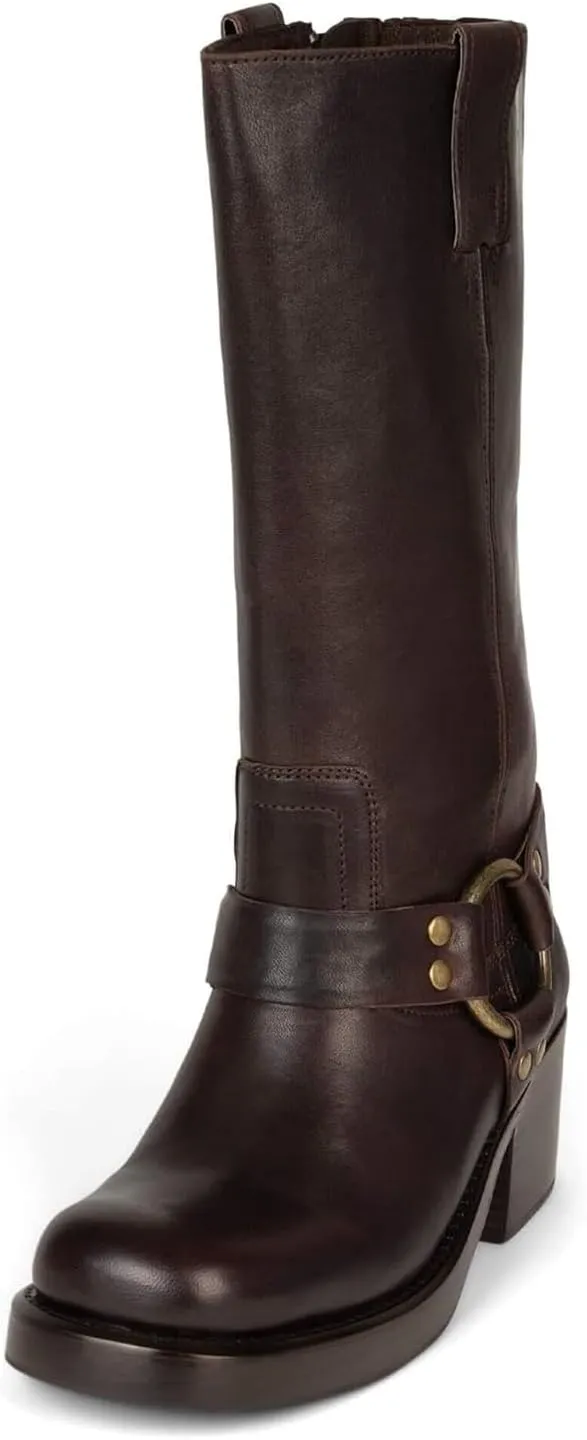 Women's Knee High Riding Boots Round Toe Block Heel Fashion Motorcycle Booties Side Zipper Wide Calf Biker Riding Boots with Studs