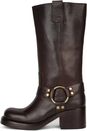 Women's Knee High Riding Boots Round Toe Block Heel Fashion Motorcycle Booties Side Zipper Wide Calf Biker Riding Boots with Studs