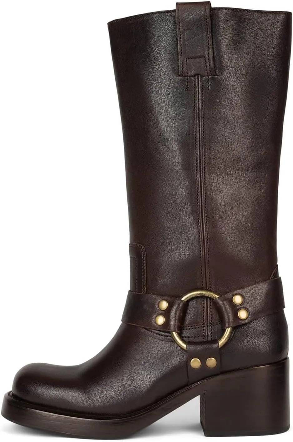 Women's Knee High Riding Boots Round Toe Block Heel Fashion Motorcycle Booties Side Zipper Wide Calf Biker Riding Boots with Studs