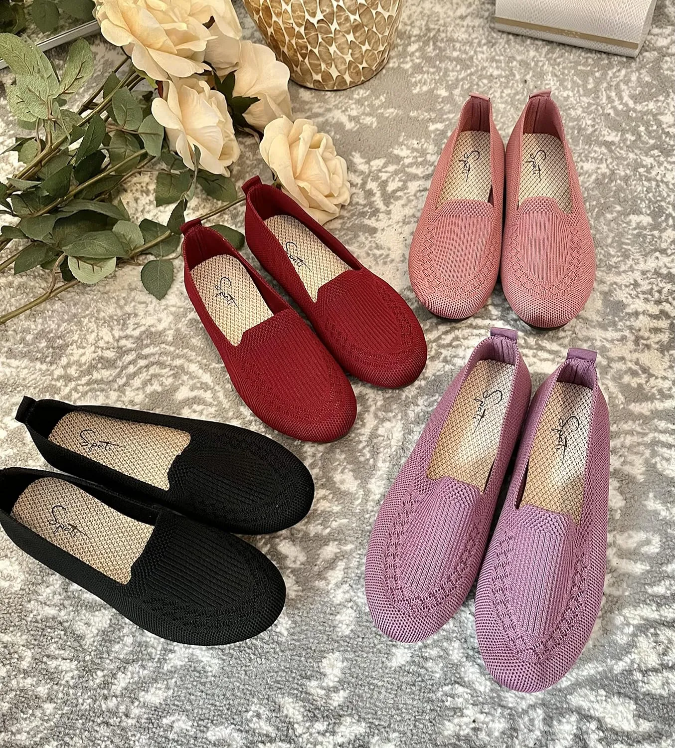 Women's Knitted Flat Shoes Lightweight Comfortable Loafers Women Footwear Slip On Casual Breathable Mesh Walking Shoes Female Round Toe Black, Pink, Purple, Red, Navy Blue, Grey, Beige