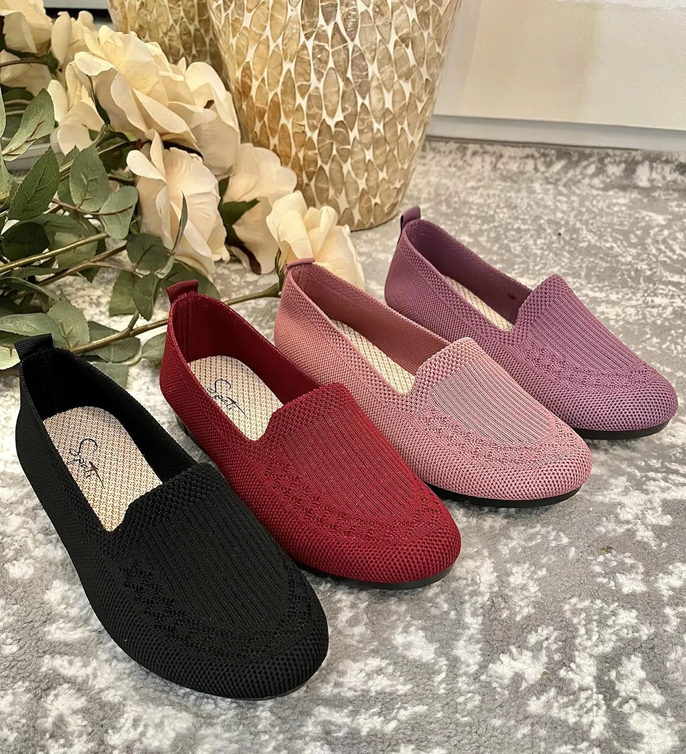 Women's Knitted Flat Shoes Lightweight Comfortable Loafers Women Footwear Slip On Casual Breathable Mesh Walking Shoes Female Round Toe Black, Pink, Purple, Red, Navy Blue, Grey, Beige