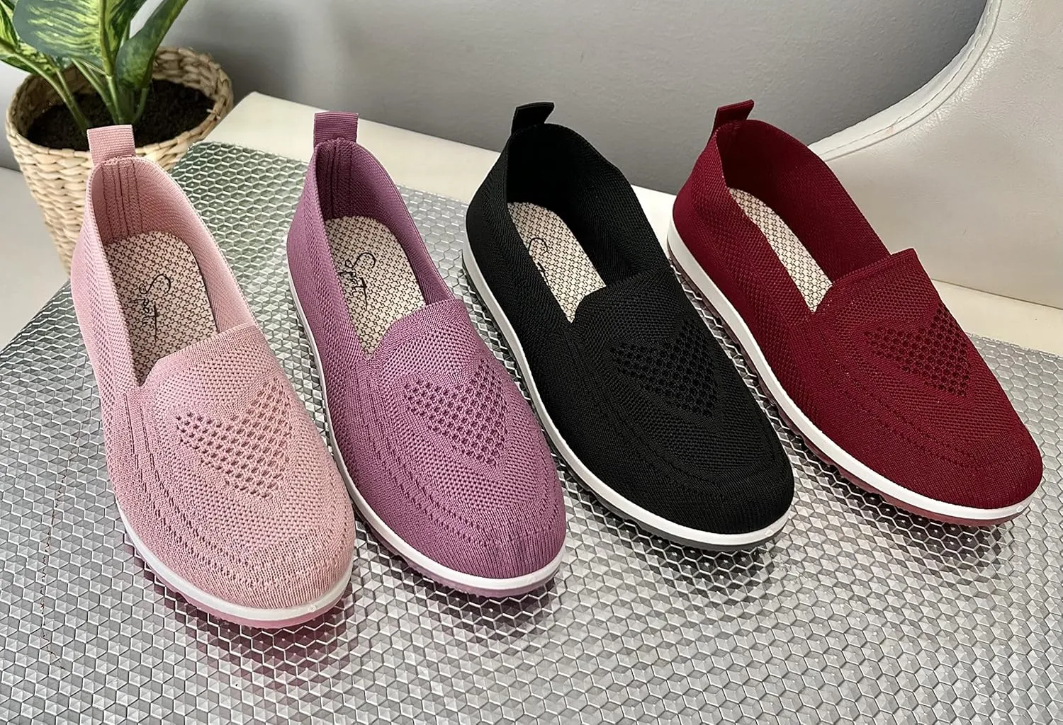 Women's Knitting Flat Shoes Walking Shoes Comfort Loafers Breathable Mesh Female Round Toe Black, Pink, Purple, Red