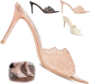 Women's Lace Pointed Open Toe Stiletto Mules, 3-inch High Heel Slip-On Sandals, Sexy Mesh Backless Mule Shoes for Party, Wedding, and Prom Dress