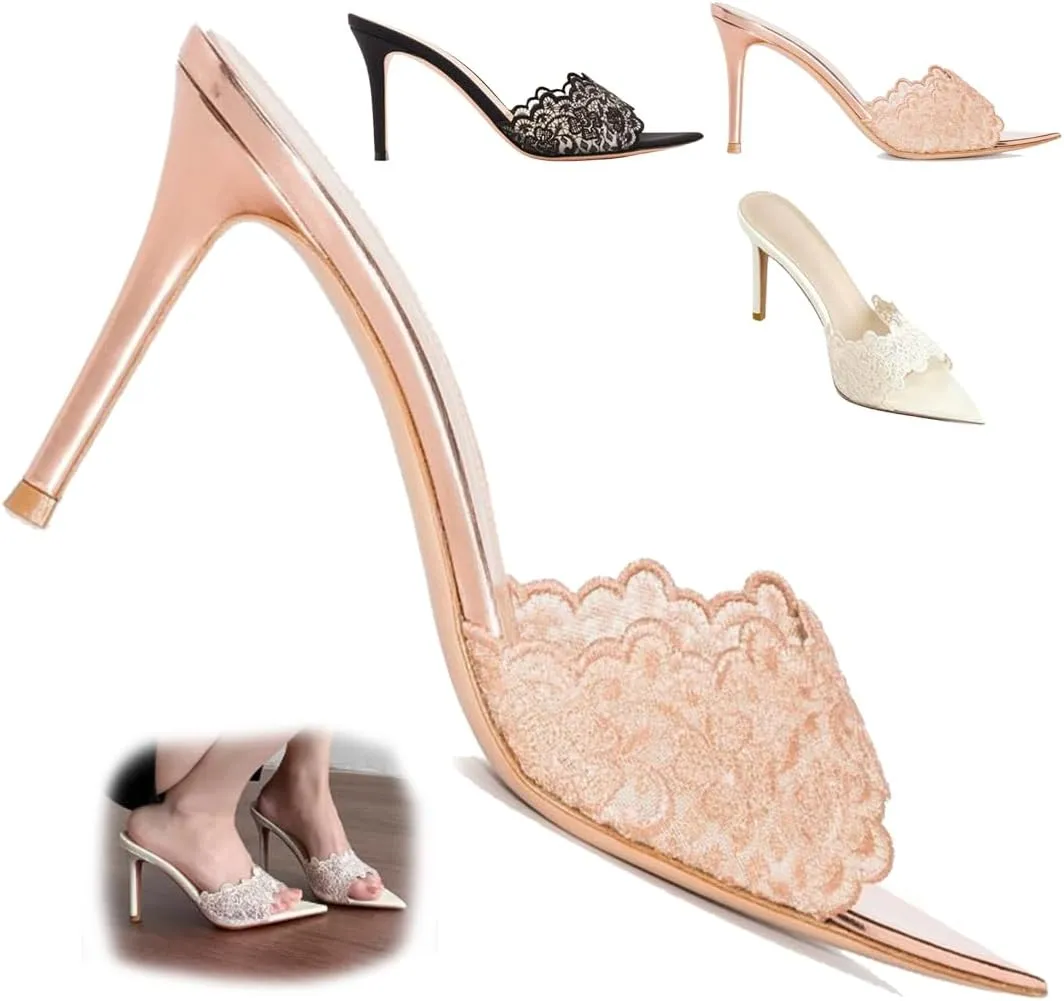 Women's Lace Pointed Open Toe Stiletto Mules, 3-inch High Heel Slip-On Sandals, Sexy Mesh Backless Mule Shoes for Party, Wedding, and Prom Dress