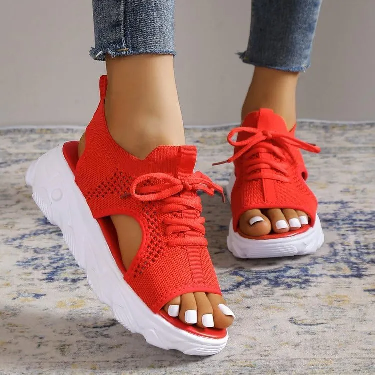 Women's Lace Up Muffin Sandals 2025 Summer Mesh Open Toe Platform Wedge Sandals Casual Thick Soled Beach Comfy Sports Sandals