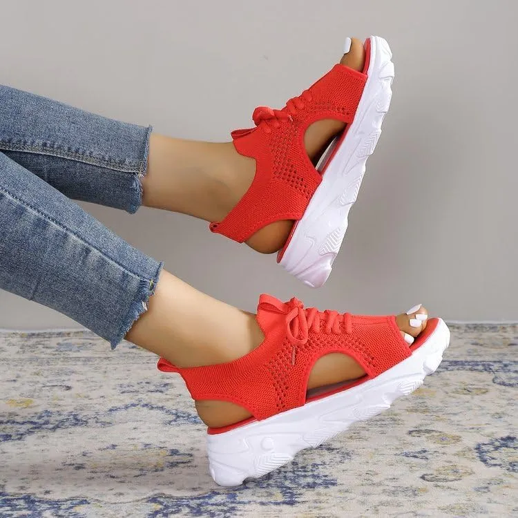 Women's Lace Up Muffin Sandals 2025 Summer Mesh Open Toe Platform Wedge Sandals Casual Thick Soled Beach Comfy Sports Sandals