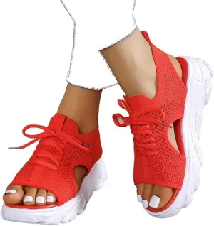 Women's Lace Up Muffin Sandals 2025 Summer Mesh Open Toe Platform Wedge Sandals Casual Thick Soled Beach Comfy Sports Sandals