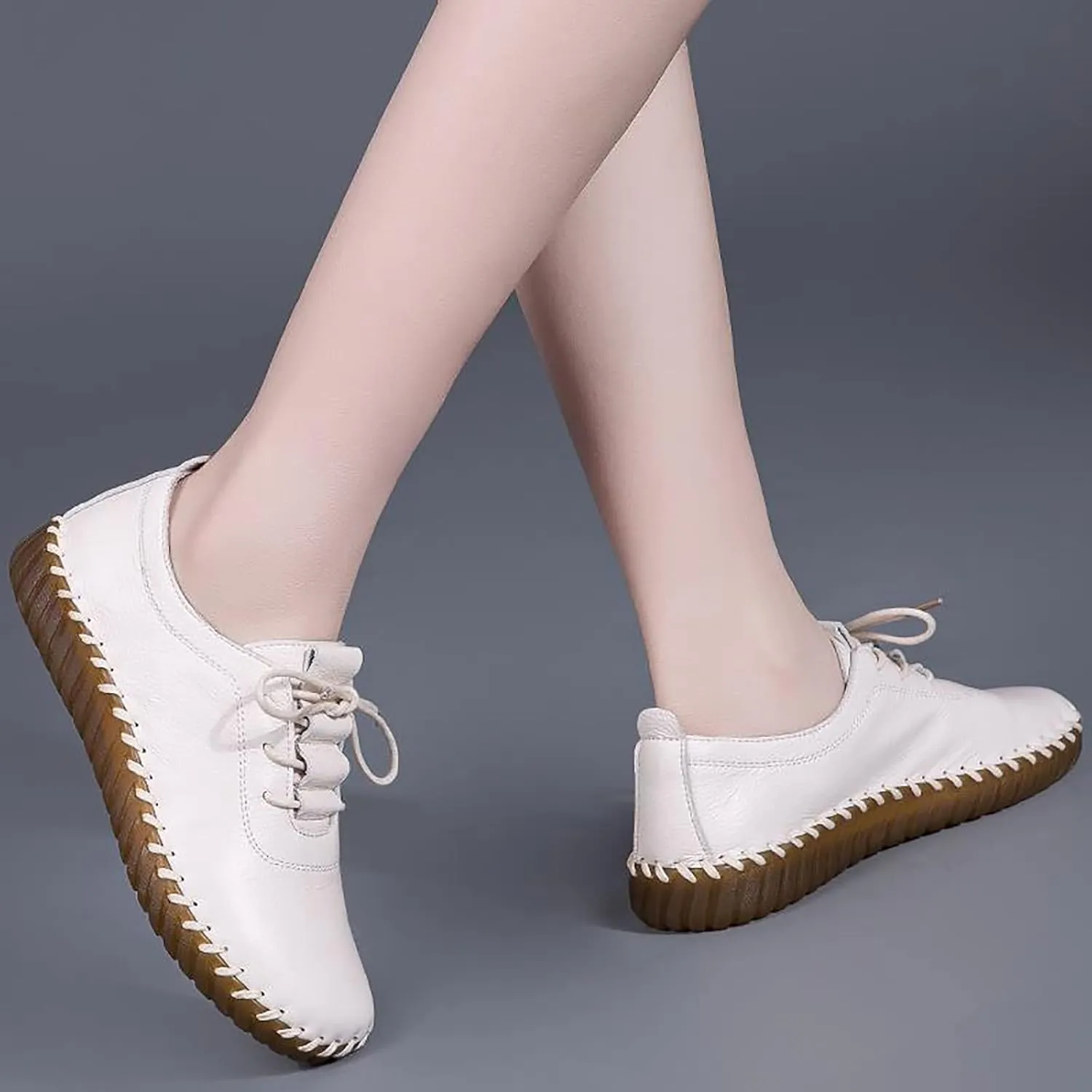 Women's Leather Hand Stitched Loafers Lace-Up Flats, Casual Breathable Comfortable Soft Sole Walking Shoes, Non-Slip Round Toe Mama Shoes