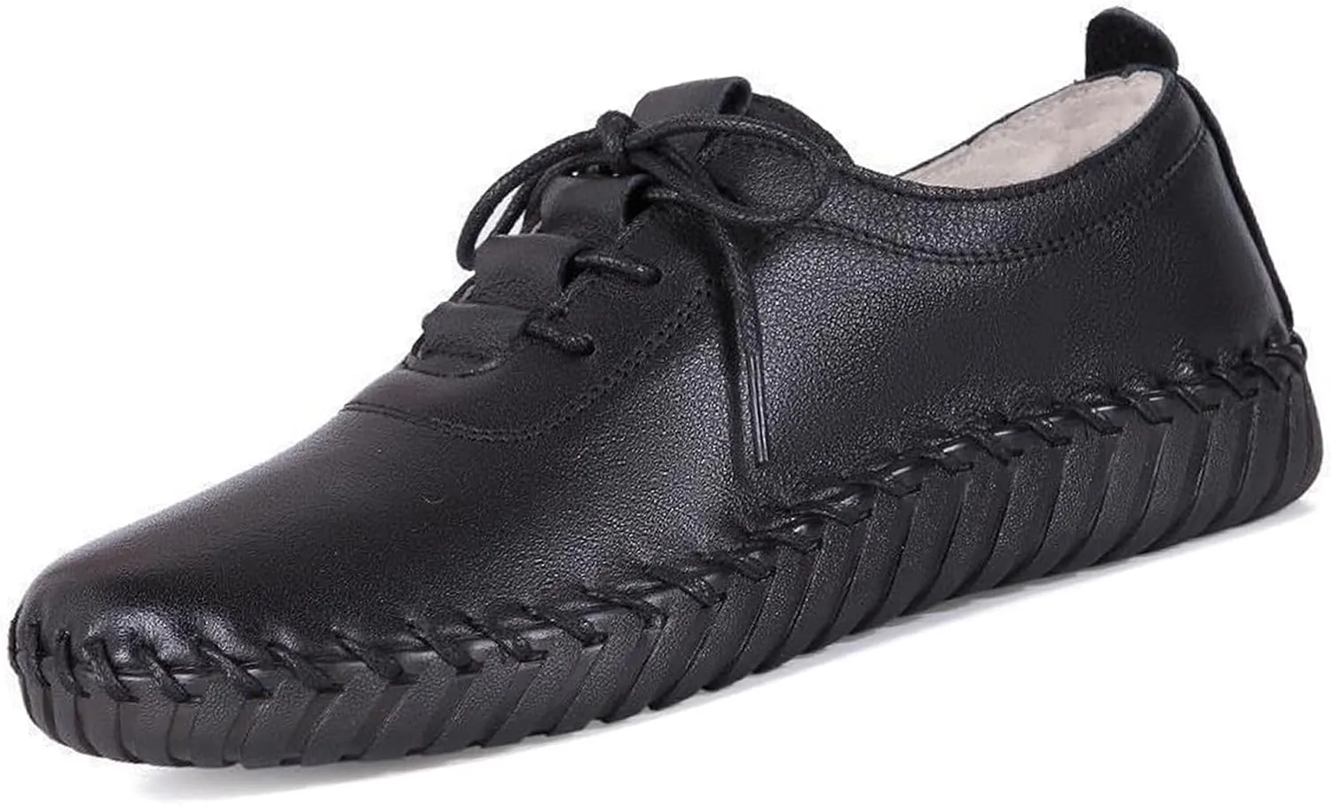 Women's Leather Hand Stitched Loafers Lace-Up Flats, Casual Breathable Comfortable Soft Sole Walking Shoes, Non-Slip Round Toe Mama Shoes