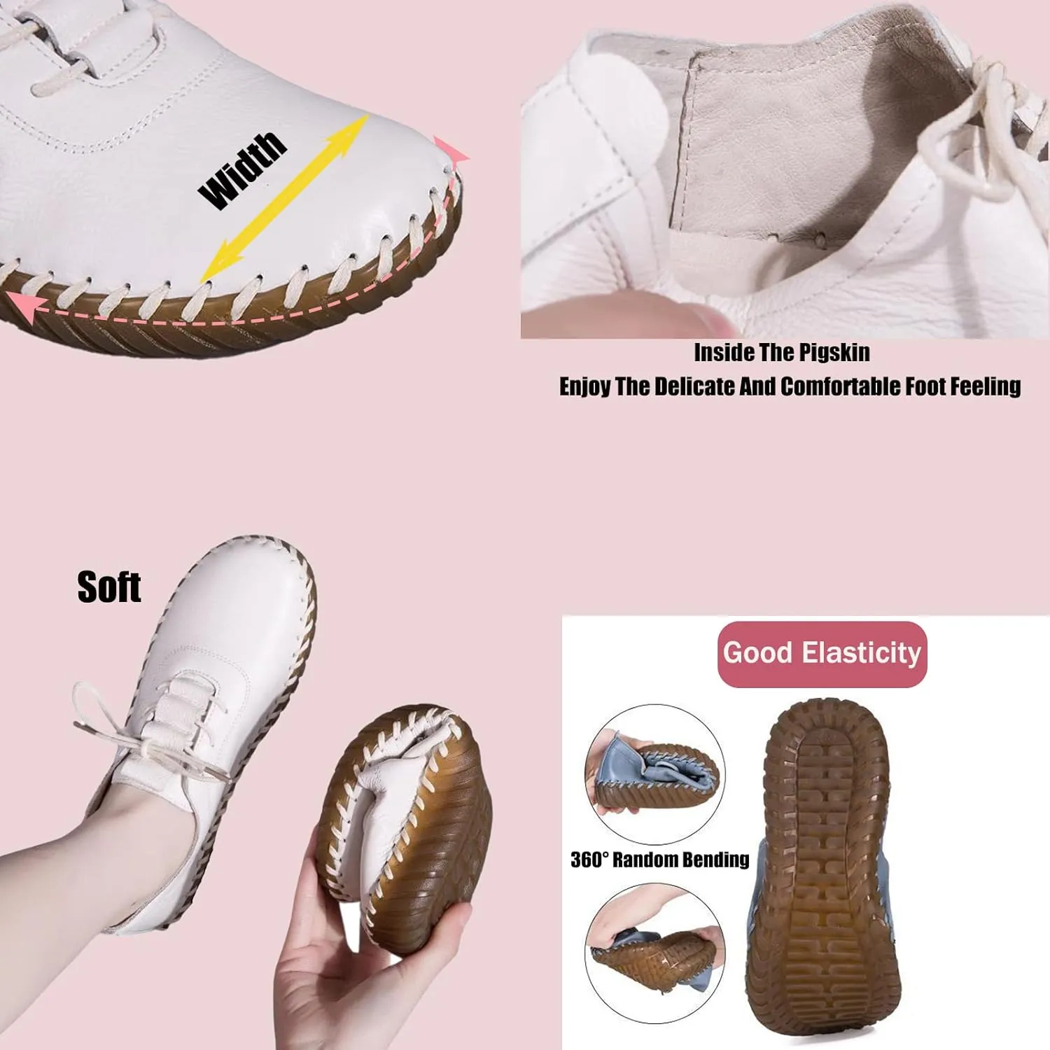 Women's Leather Hand Stitched Loafers Lace-Up Flats, Casual Breathable Comfortable Soft Sole Walking Shoes, Non-Slip Round Toe Mama Shoes