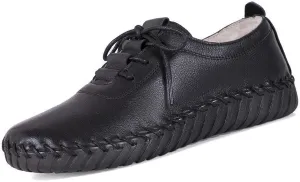 Women's Leather Hand Stitched Loafers Lace-Up Flats, Casual Breathable Comfortable Soft Sole Walking Shoes, Non-Slip Round Toe Mama Shoes