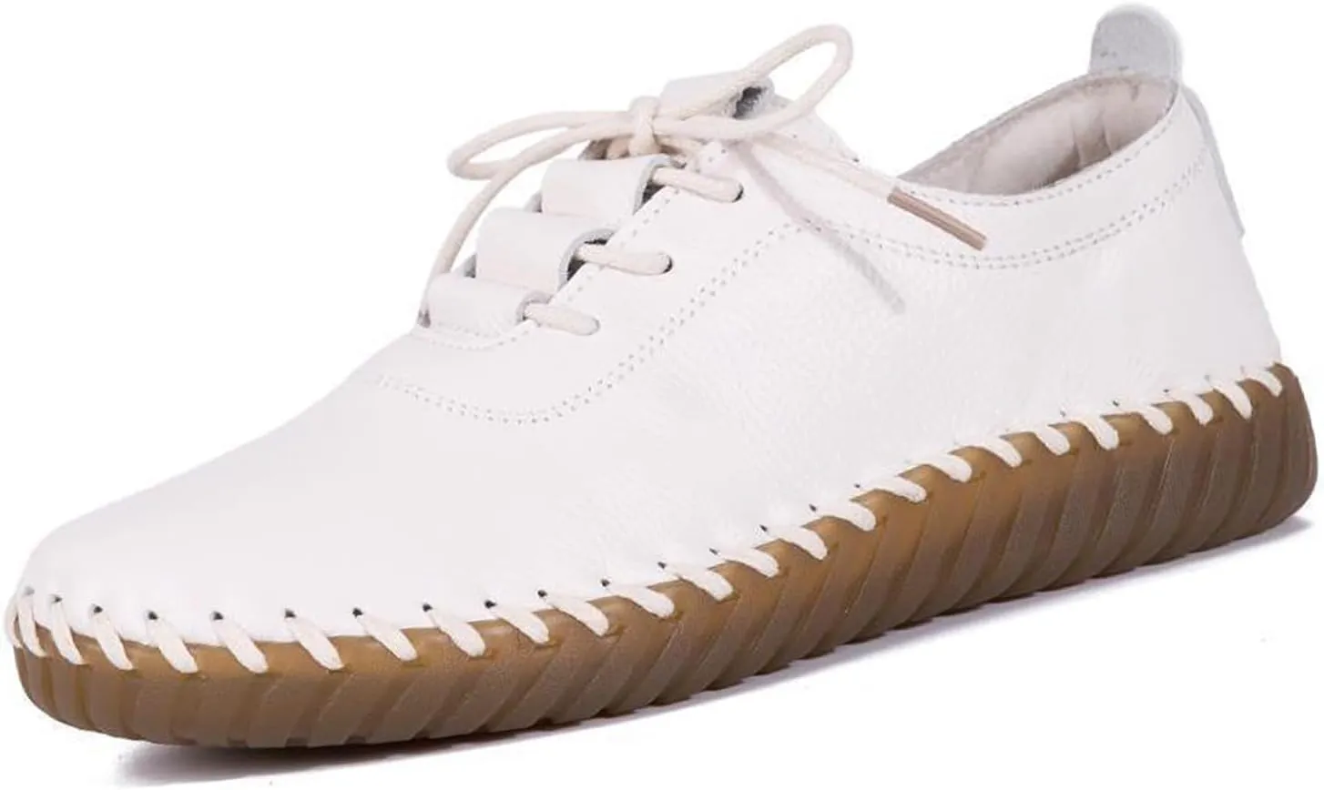 Women's Leather Hand Stitched Loafers Lace-Up Flats, Casual Breathable Comfortable Soft Sole Walking Shoes, Non-Slip Round Toe Mama Shoes