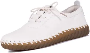 Women's Leather Hand Stitched Loafers Lace-Up Flats, Casual Breathable Comfortable Soft Sole Walking Shoes, Non-Slip Round Toe Mama Shoes