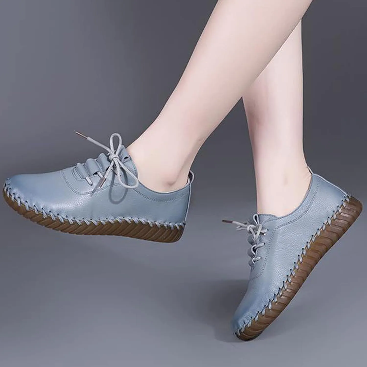 Women's Leather Hand Stitched Loafers Lace-Up Flats, Casual Breathable Comfortable Soft Sole Walking Shoes, Non-Slip Round Toe Mama Shoes