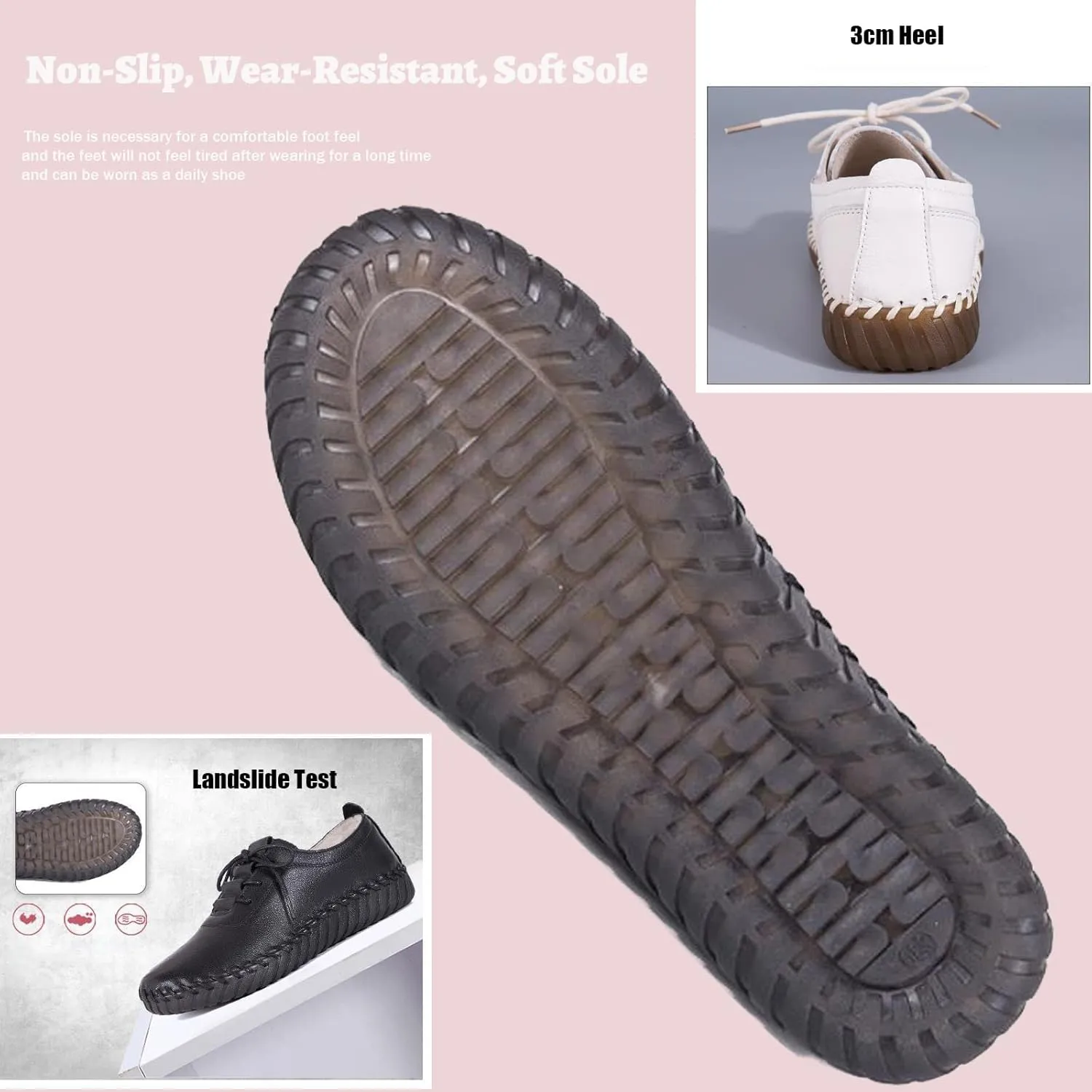 Women's Leather Hand Stitched Loafers Lace-Up Flats, Casual Breathable Comfortable Soft Sole Walking Shoes, Non-Slip Round Toe Mama Shoes