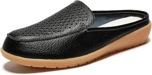 Womens Leather Hollow Slip-On Lightweight Flat Mules Closed Round Toe Comfortable Soft Non-Slip Backless Casual Penny Shoes for Daily Walking Outdoor