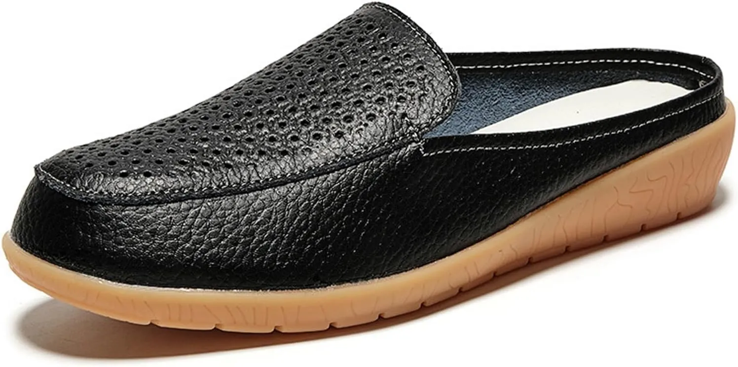 Womens Leather Hollow Slip-On Lightweight Flat Mules Closed Round Toe Comfortable Soft Non-Slip Backless Casual Penny Shoes for Daily Walking Outdoor