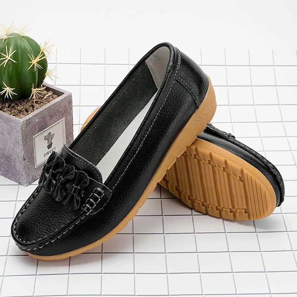 Women's Leather Loafers Driving Moccasins Casual Slip-On Boat Shoes Comfort Walking Flat Loafer for Women Wide Width