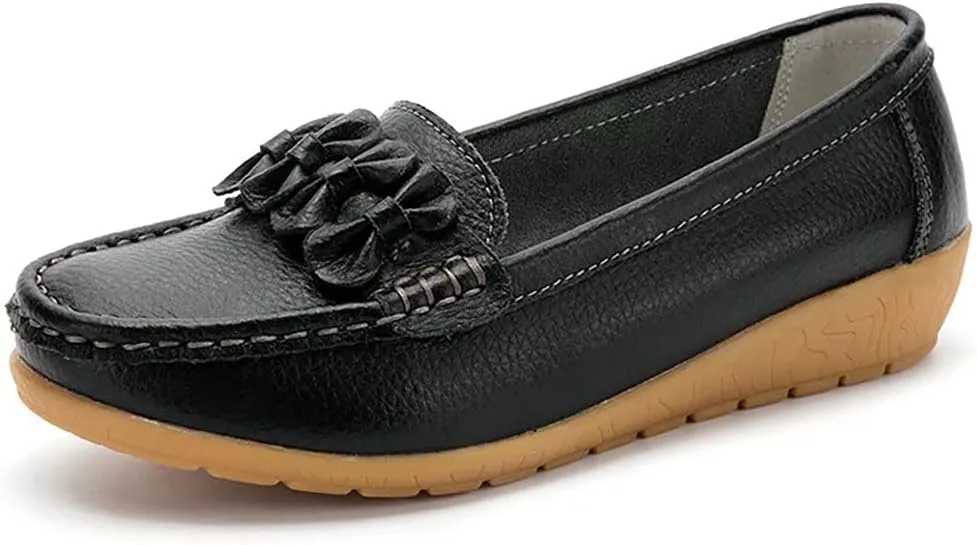 Women's Leather Loafers Driving Moccasins Casual Slip-On Boat Shoes Comfort Walking Flat Loafer for Women Wide Width