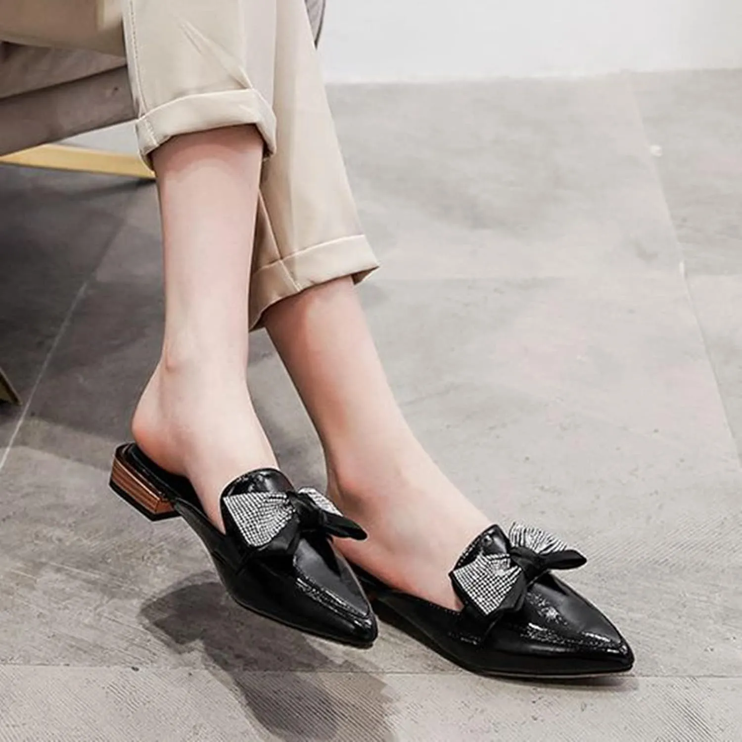 Womens Low Stacked Heel Slide Mules Rhinestone Bow Slip on Pointed Toe Backless Sandals Slipper Shoes