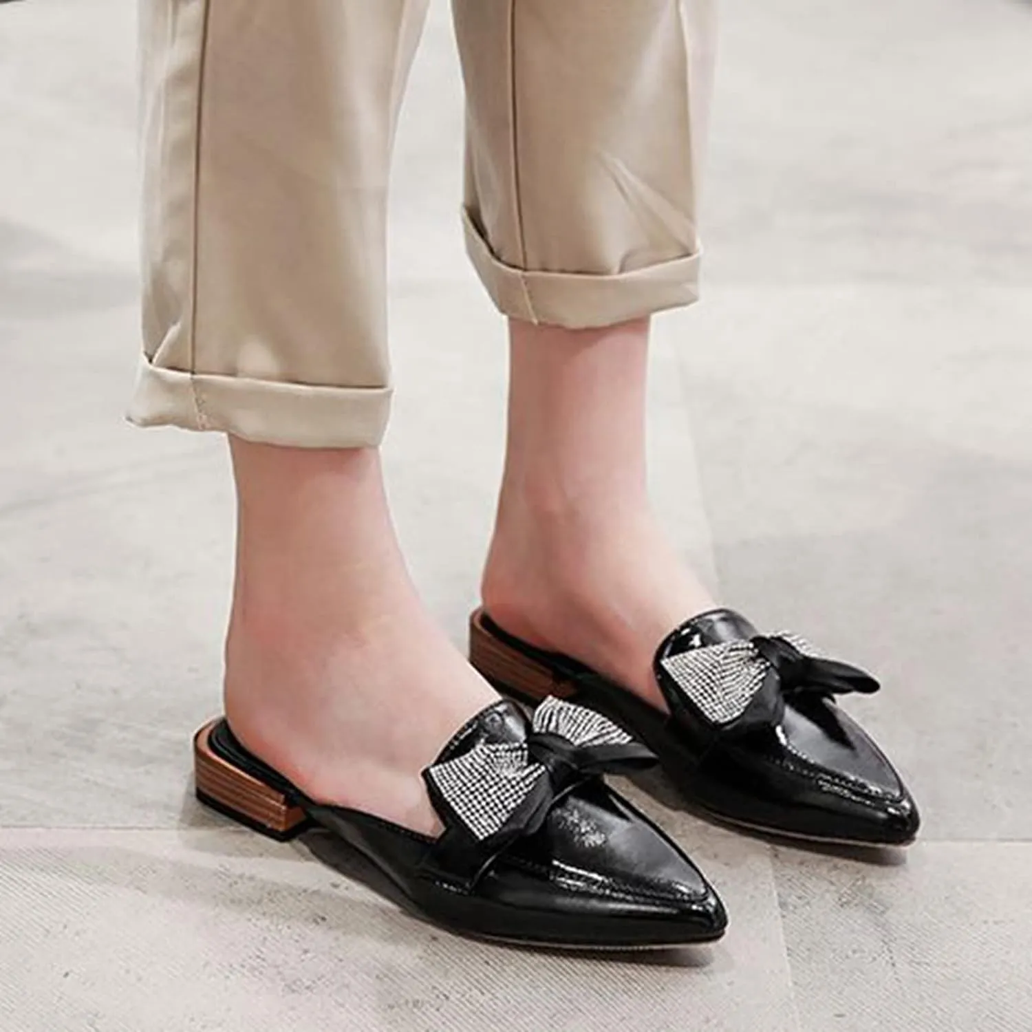 Womens Low Stacked Heel Slide Mules Rhinestone Bow Slip on Pointed Toe Backless Sandals Slipper Shoes