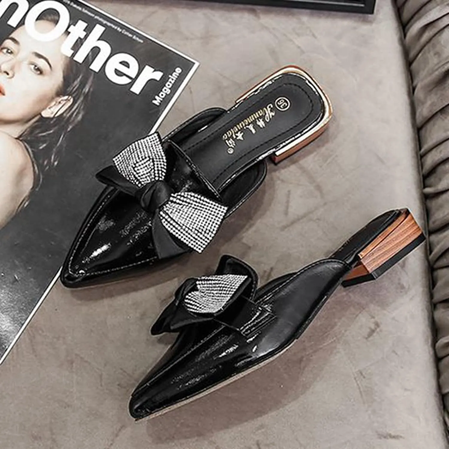 Womens Low Stacked Heel Slide Mules Rhinestone Bow Slip on Pointed Toe Backless Sandals Slipper Shoes