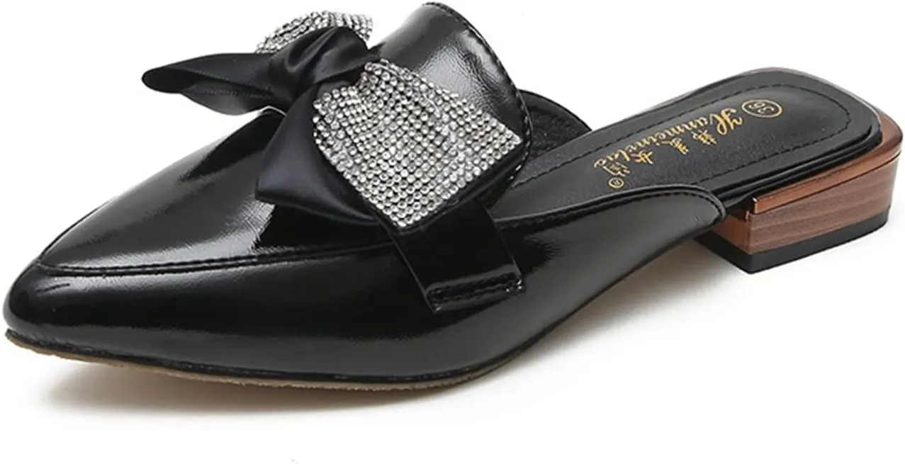 Womens Low Stacked Heel Slide Mules Rhinestone Bow Slip on Pointed Toe Backless Sandals Slipper Shoes