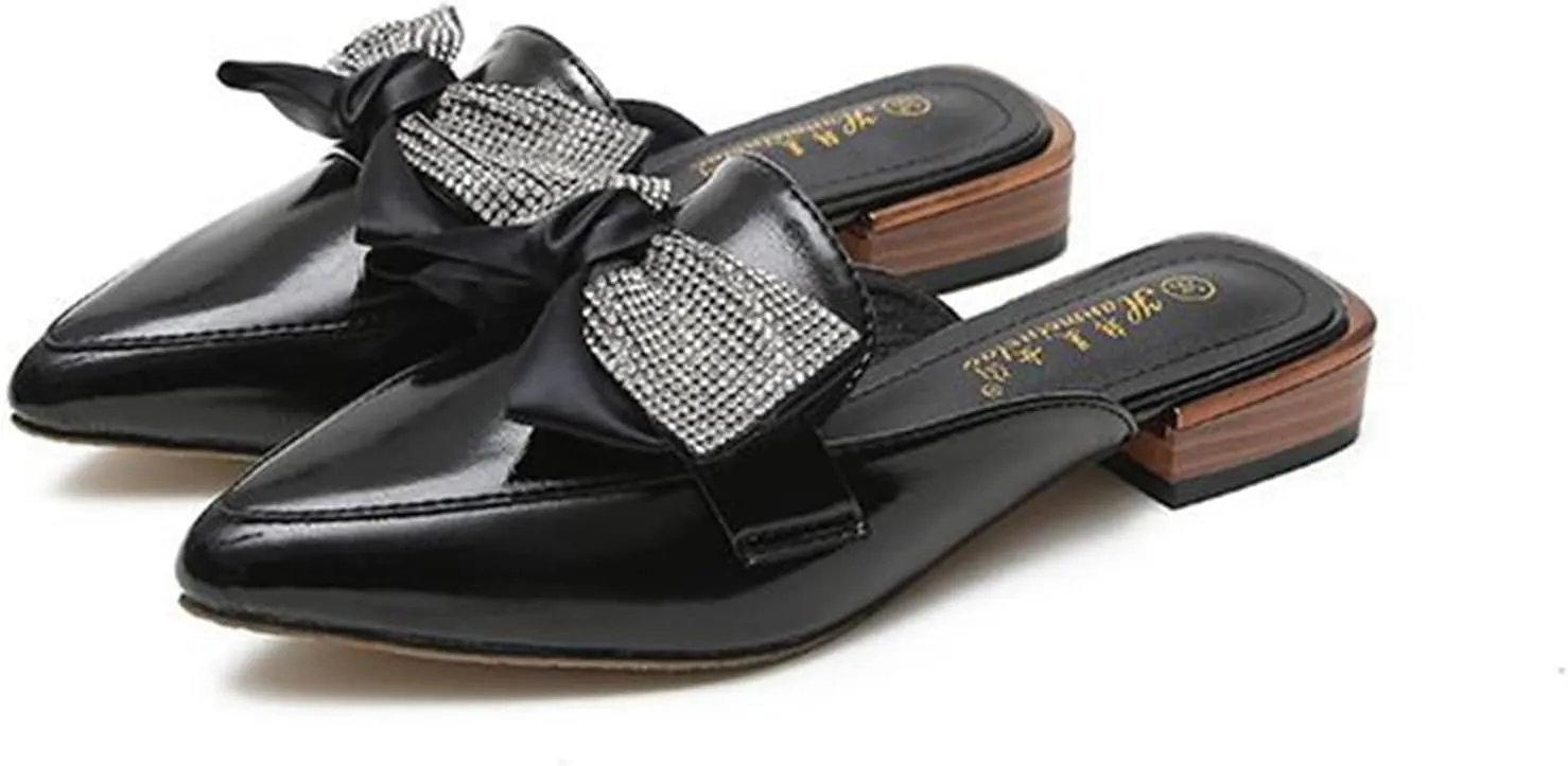 Womens Low Stacked Heel Slide Mules Rhinestone Bow Slip on Pointed Toe Backless Sandals Slipper Shoes