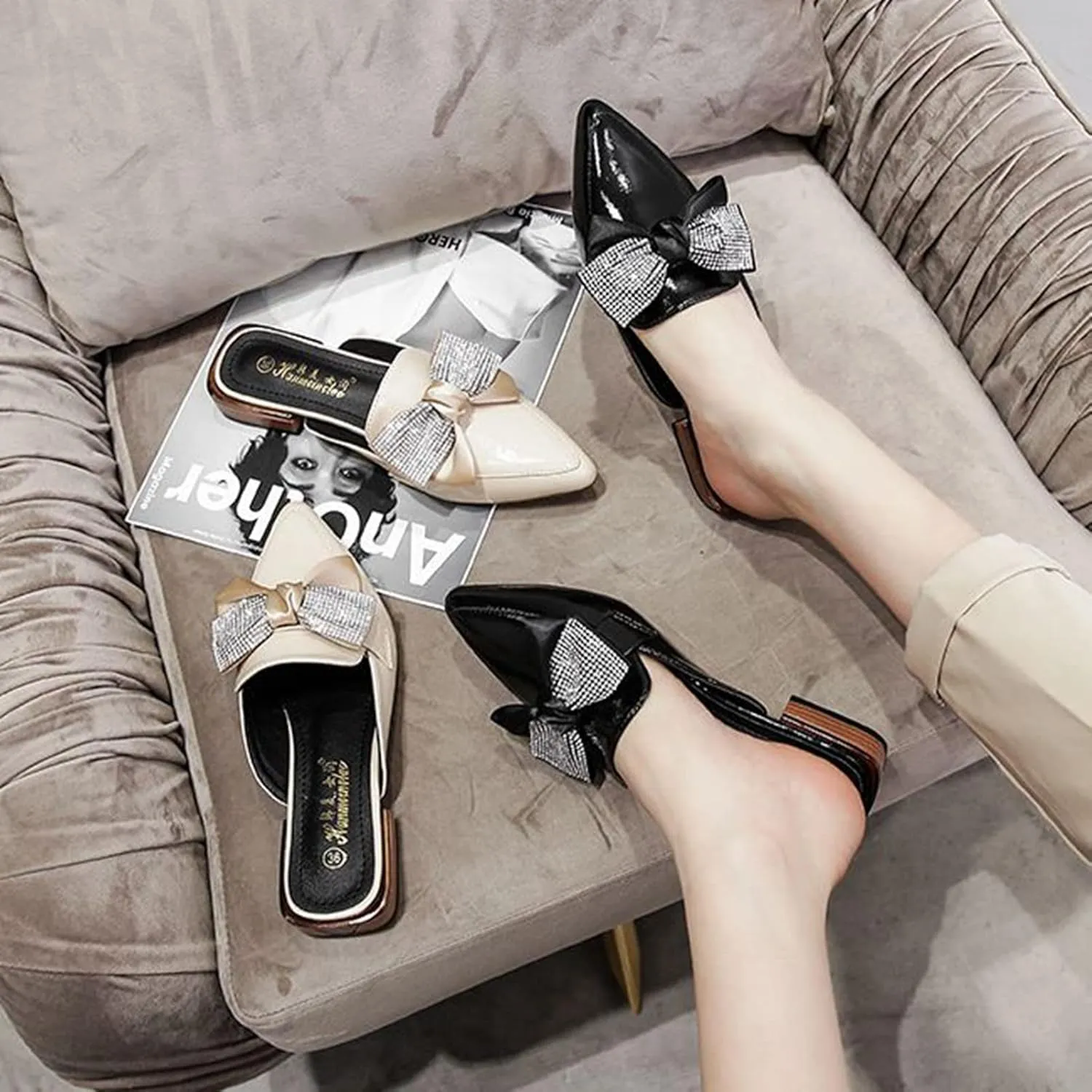 Womens Low Stacked Heel Slide Mules Rhinestone Bow Slip on Pointed Toe Backless Sandals Slipper Shoes