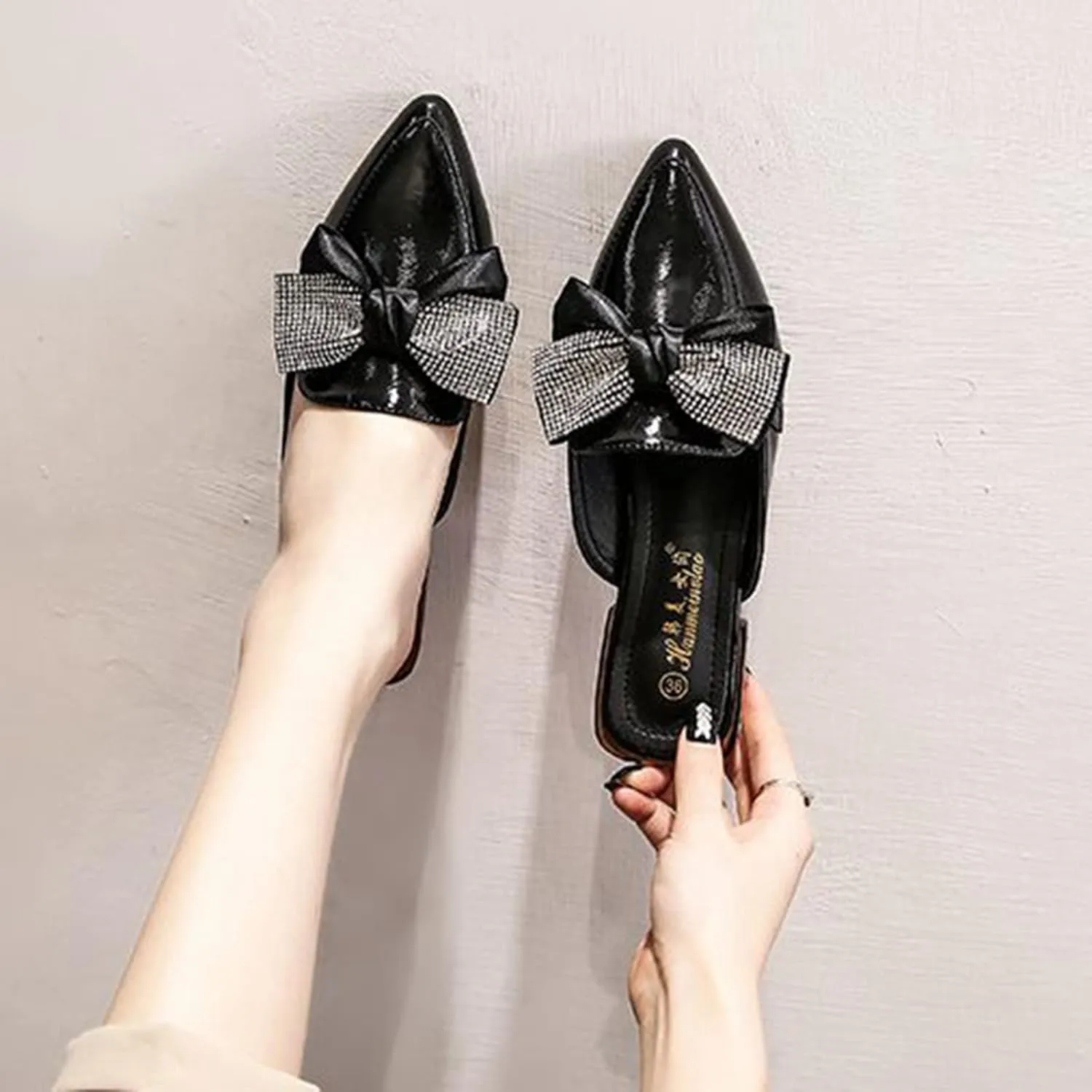 Womens Low Stacked Heel Slide Mules Rhinestone Bow Slip on Pointed Toe Backless Sandals Slipper Shoes