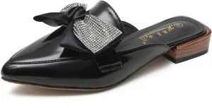 Womens Low Stacked Heel Slide Mules Rhinestone Bow Slip on Pointed Toe Backless Sandals Slipper Shoes