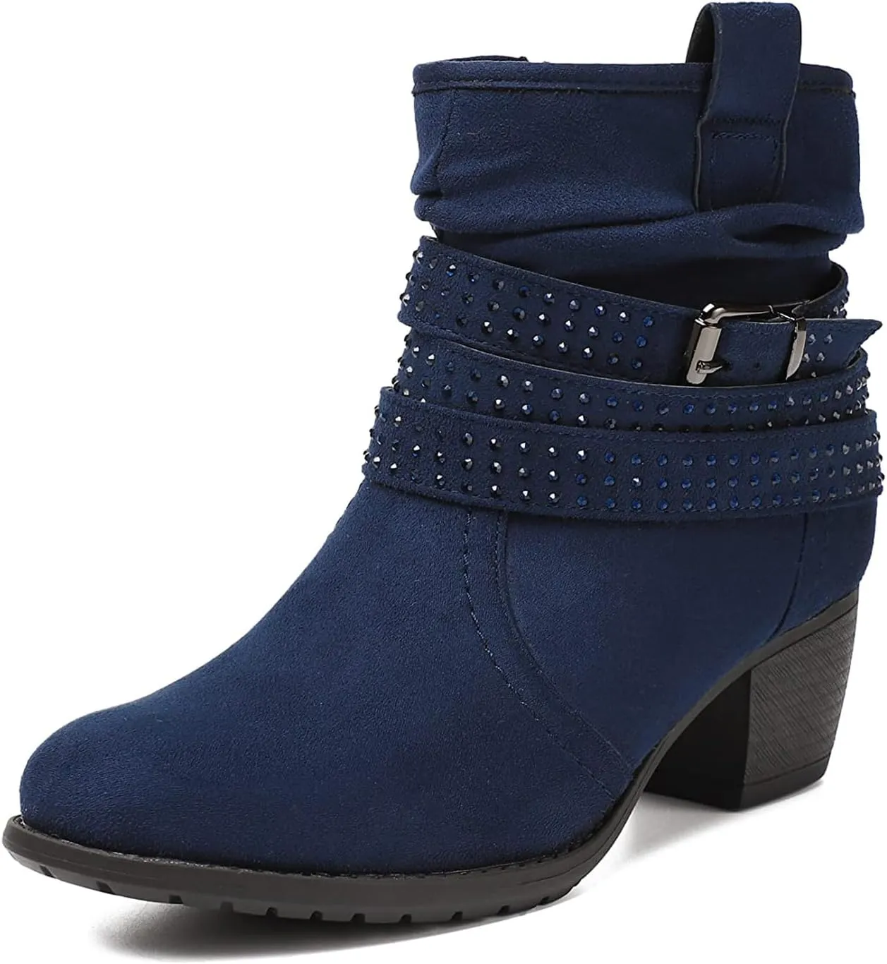 Women's Mid Calf Boots,Round Toe Comfort Low Heel Slouchy Dress zip booties with Jeweled strap