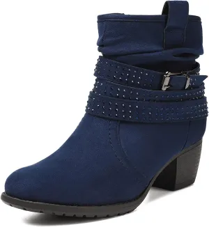 Women's Mid Calf Boots,Round Toe Comfort Low Heel Slouchy Dress zip booties with Jeweled strap