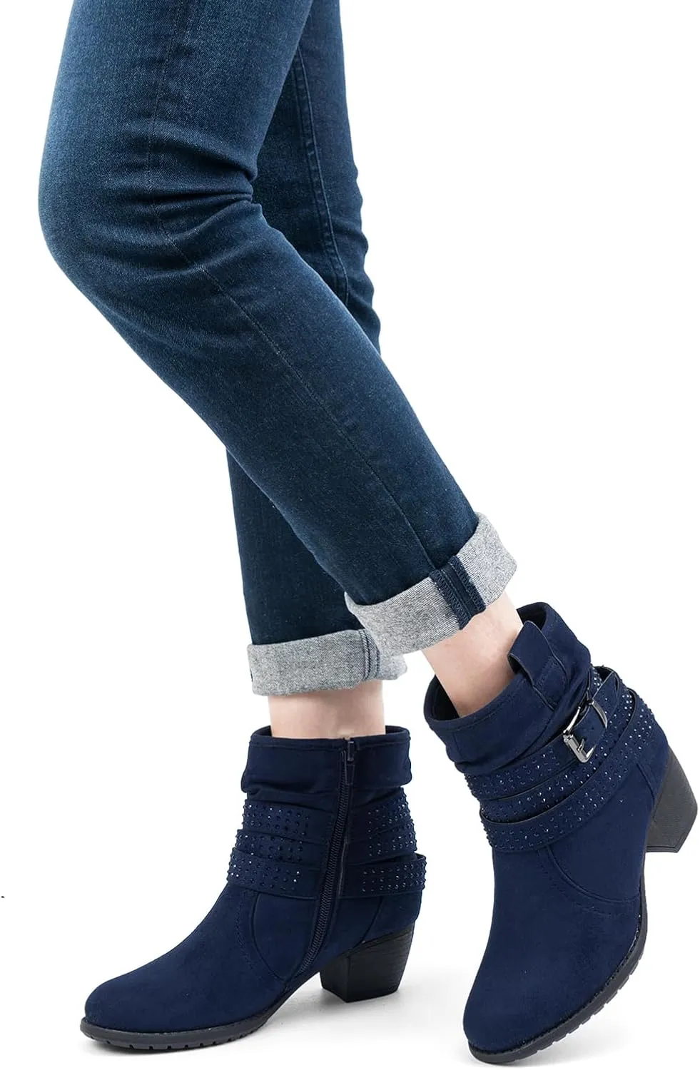 Women's Mid Calf Boots,Round Toe Comfort Low Heel Slouchy Dress zip booties with Jeweled strap