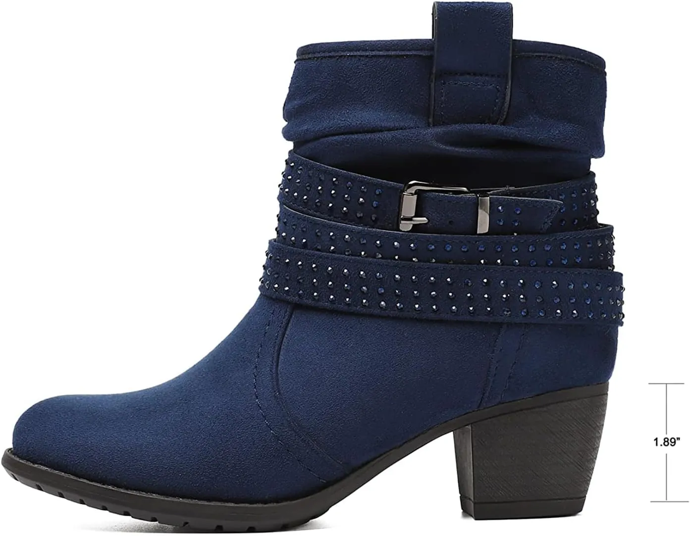Women's Mid Calf Boots,Round Toe Comfort Low Heel Slouchy Dress zip booties with Jeweled strap