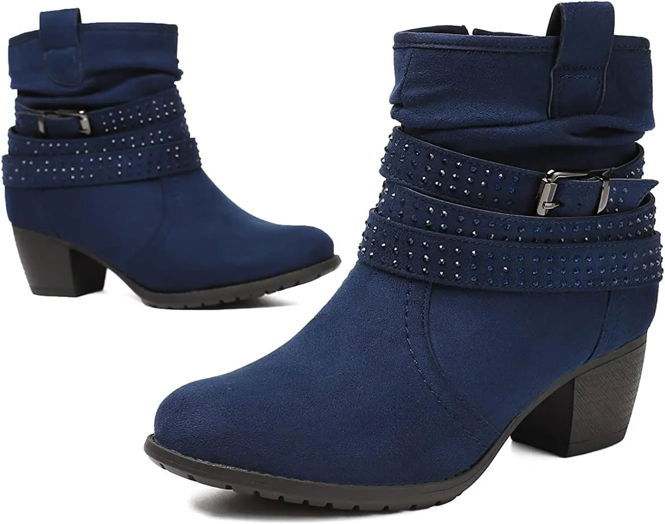 Women's Mid Calf Boots,Round Toe Comfort Low Heel Slouchy Dress zip booties with Jeweled strap