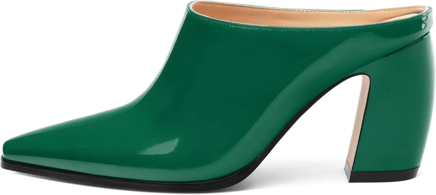 Womens Mules, Closed Square Toe Chunky Heel Mules, High Block Heel Backless Loafers Shoes, Slip On Mules for Women Dress Party Shoes 3.35 Inch