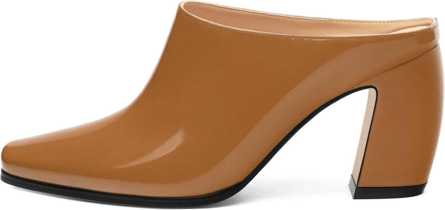 Womens Mules, Patent Square Toe Chunky Heel Mules, Block High Heel High Heeled Mules Shoes, Slip On Mules for Women Dress Party Shoes 3.35 Inch