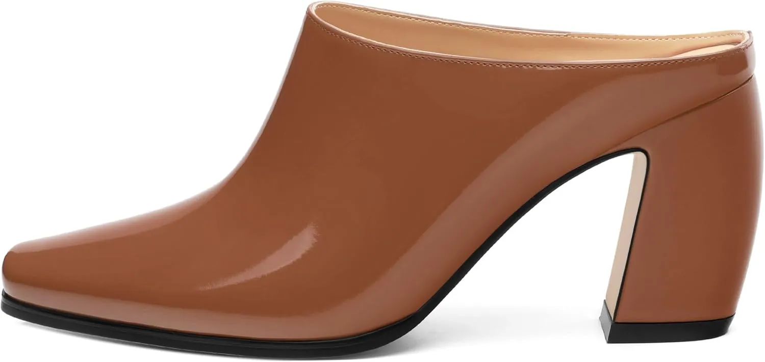 Womens Mules, Patent Square Toe Chunky Heel Mules, Block High Heel High Heeled Mules Shoes, Slip On Mules for Women Dress Party Shoes 3.35 Inch