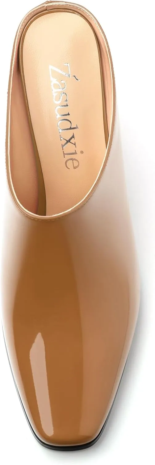 Womens Mules, Patent Square Toe Chunky Heel Mules, Block High Heel High Heeled Mules Shoes, Slip On Mules for Women Dress Party Shoes 3.35 Inch