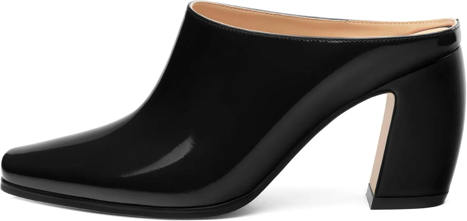 Womens Mules, Patent Square Toe Chunky Heel Mules, Block High Heel High Heeled Mules Shoes, Slip On Mules for Women Dress Party Shoes 3.35 Inch