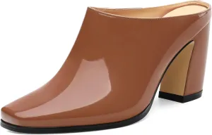 Womens Mules, Patent Square Toe Chunky Heel Mules, Block High Heel High Heeled Mules Shoes, Slip On Mules for Women Dress Party Shoes 3.35 Inch