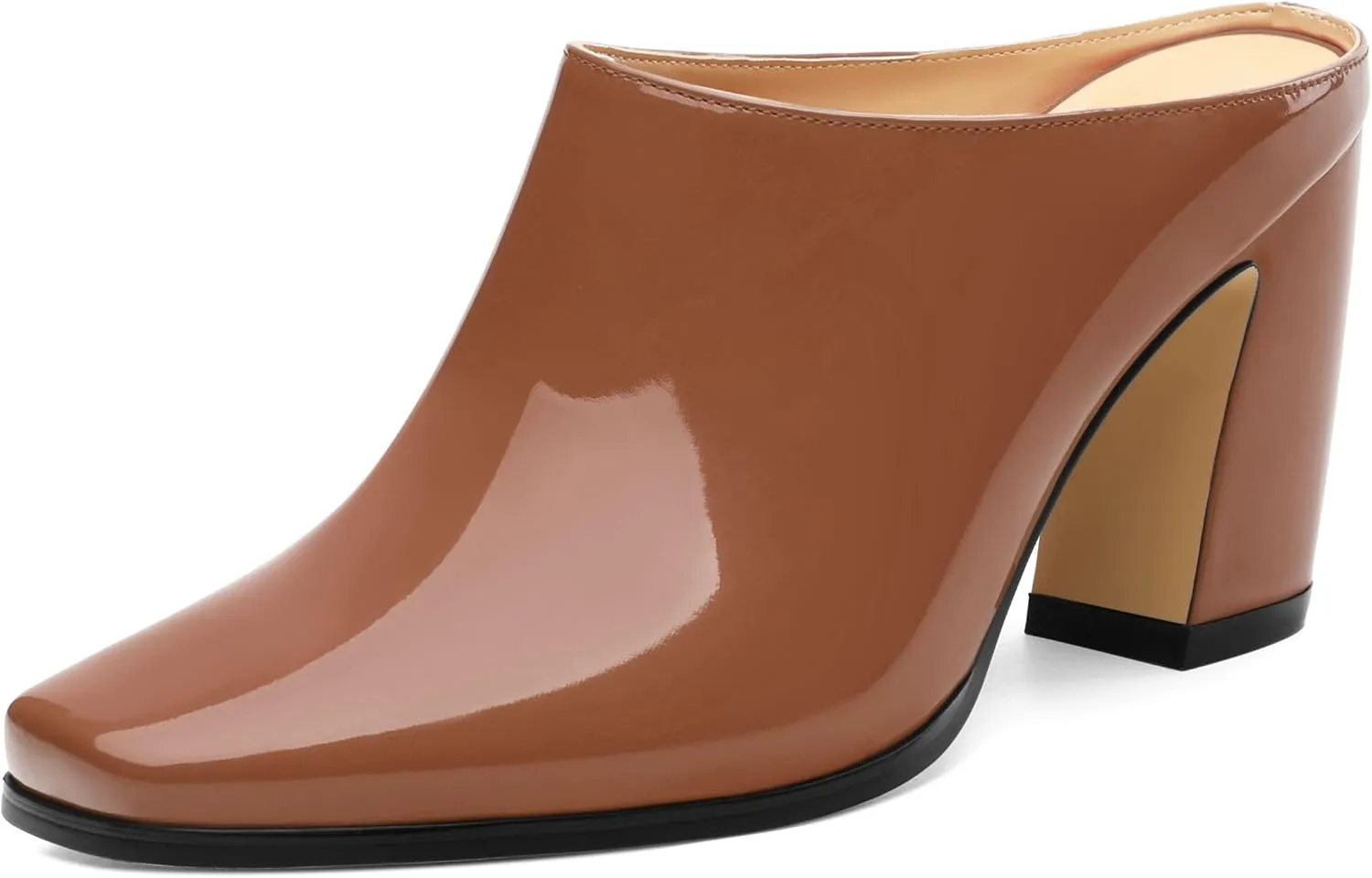 Womens Mules, Patent Square Toe Chunky Heel Mules, Block High Heel High Heeled Mules Shoes, Slip On Mules for Women Dress Party Shoes 3.35 Inch