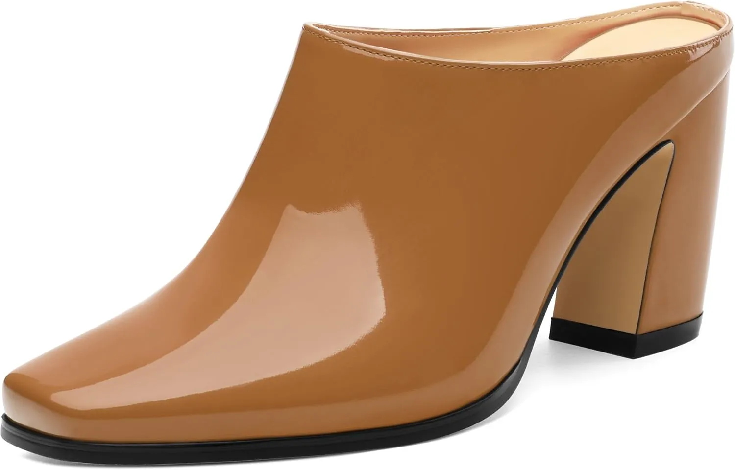 Womens Mules, Patent Square Toe Chunky Heel Mules, Block High Heel High Heeled Mules Shoes, Slip On Mules for Women Dress Party Shoes 3.35 Inch