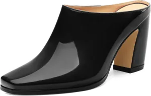 Womens Mules, Patent Square Toe Chunky Heel Mules, Block High Heel High Heeled Mules Shoes, Slip On Mules for Women Dress Party Shoes 3.35 Inch